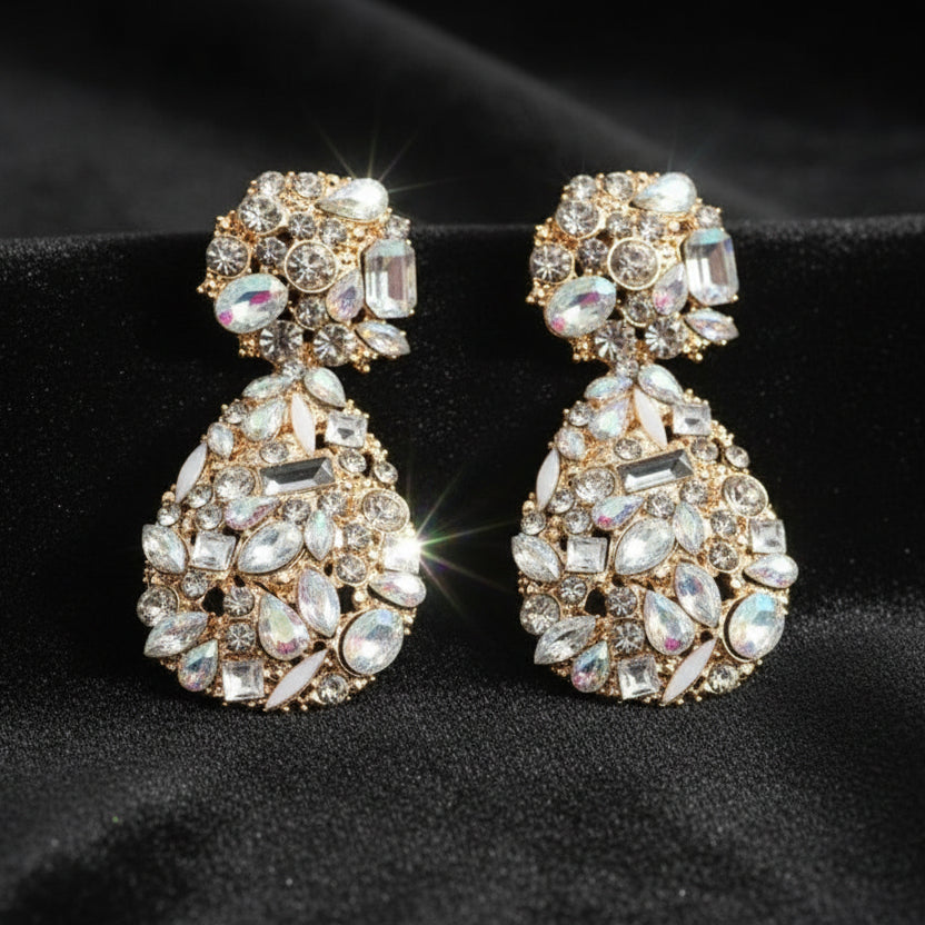 Rasha Crystal Teardrop Earrings – Iridescent Drop Earrings in White Gold | Zoha Los Angeles