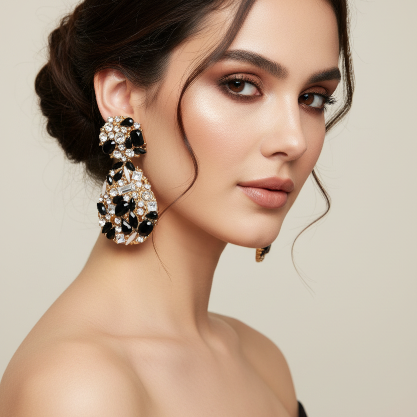 Rasha Crystal Teardrop Earrings – Iridescent Drop Earrings in  black Gold | Zoha Los Angeles