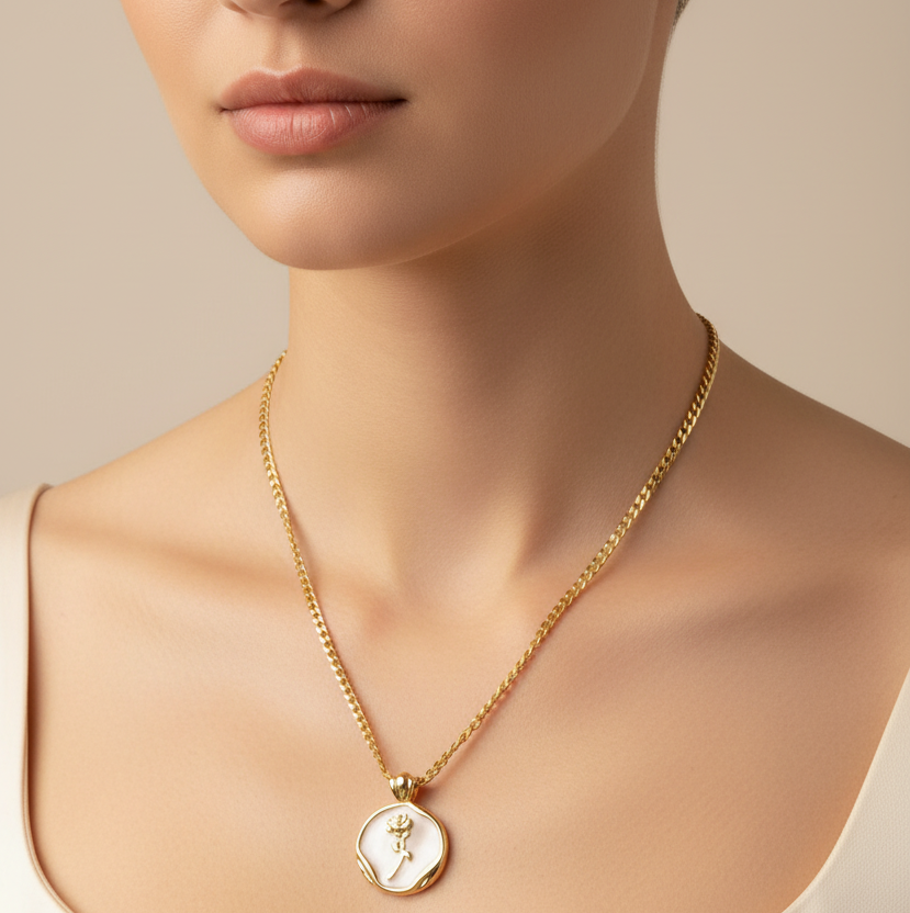 Rose Shell Necklace | Gold Coin Pendant Necklace