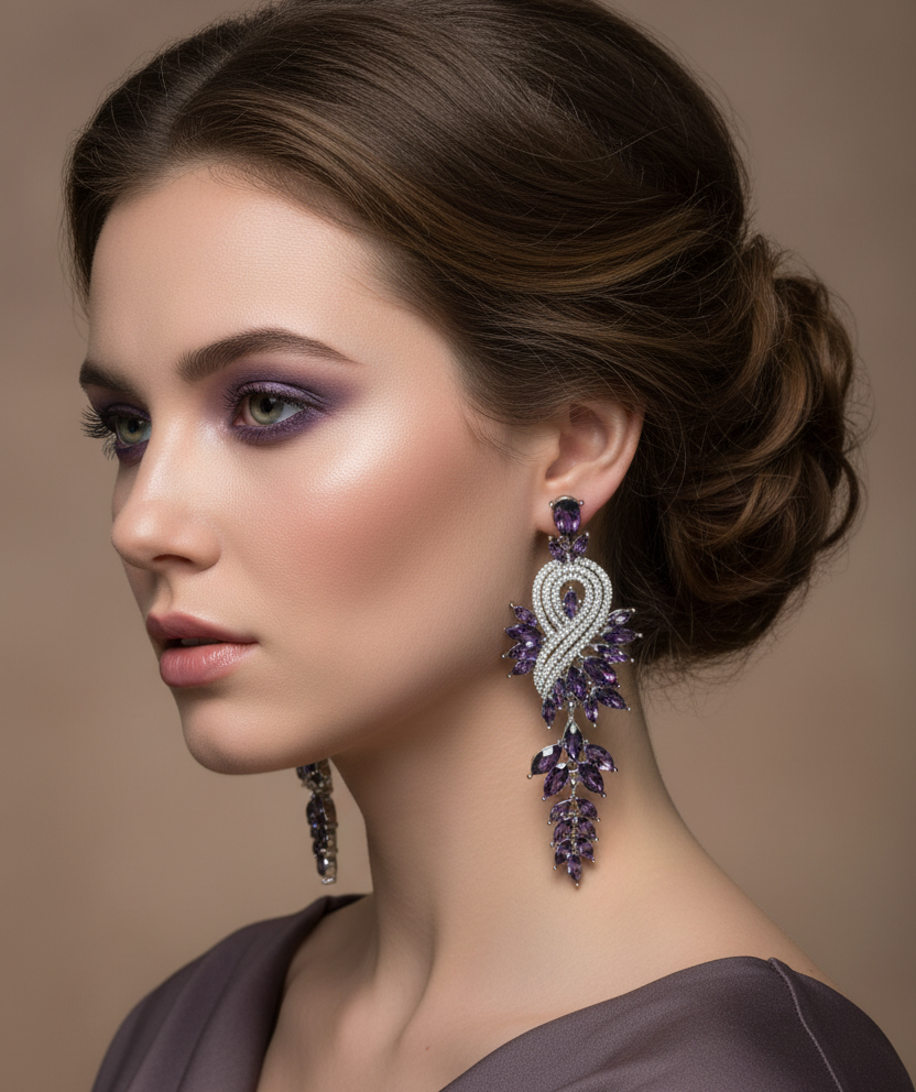 Tiarra Chandelier Drop Earrings – Pavé CZ & Crystal Leaf Cascade in Silver Purple | Zoha Los Angeles