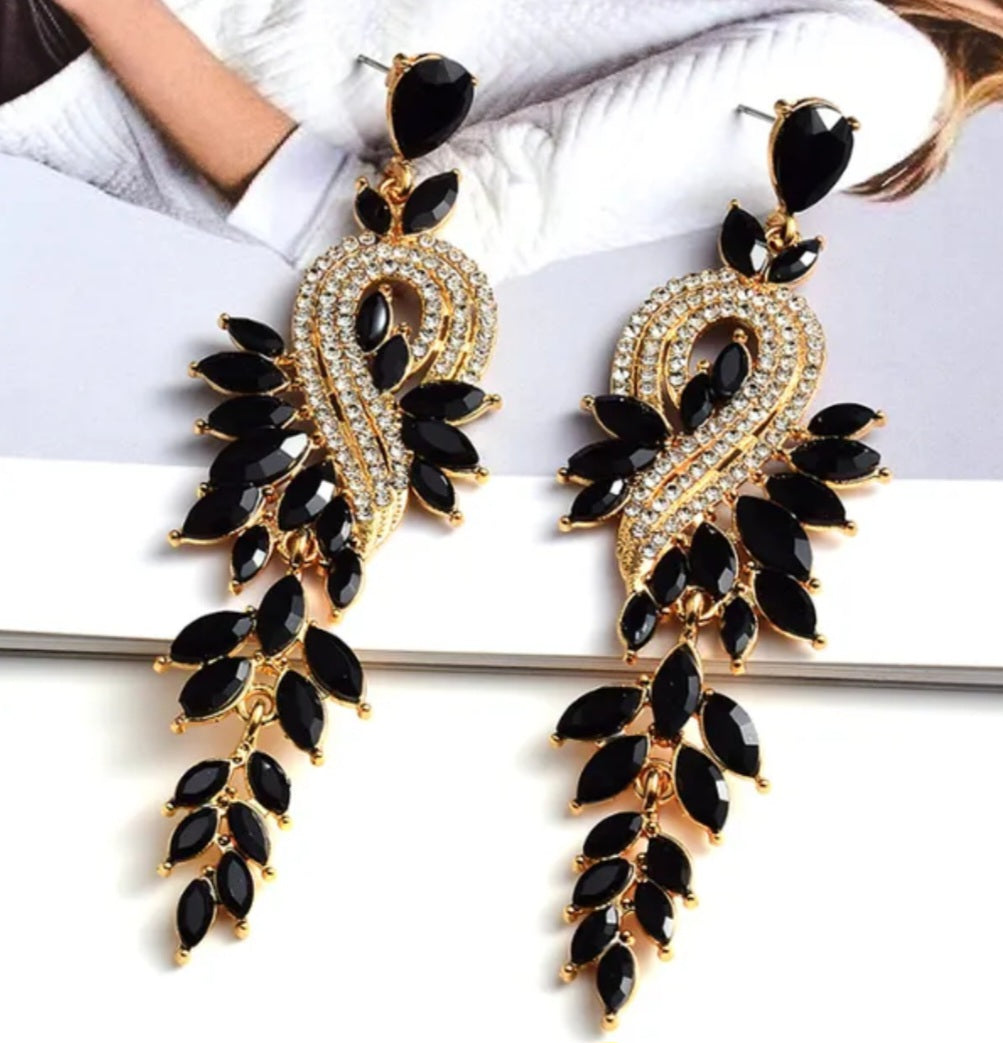Tiarra Chandelier Drop Earrings – Pavé CZ & Crystal Leaf Cascade in black gold Purple | Zoha Los Angeles