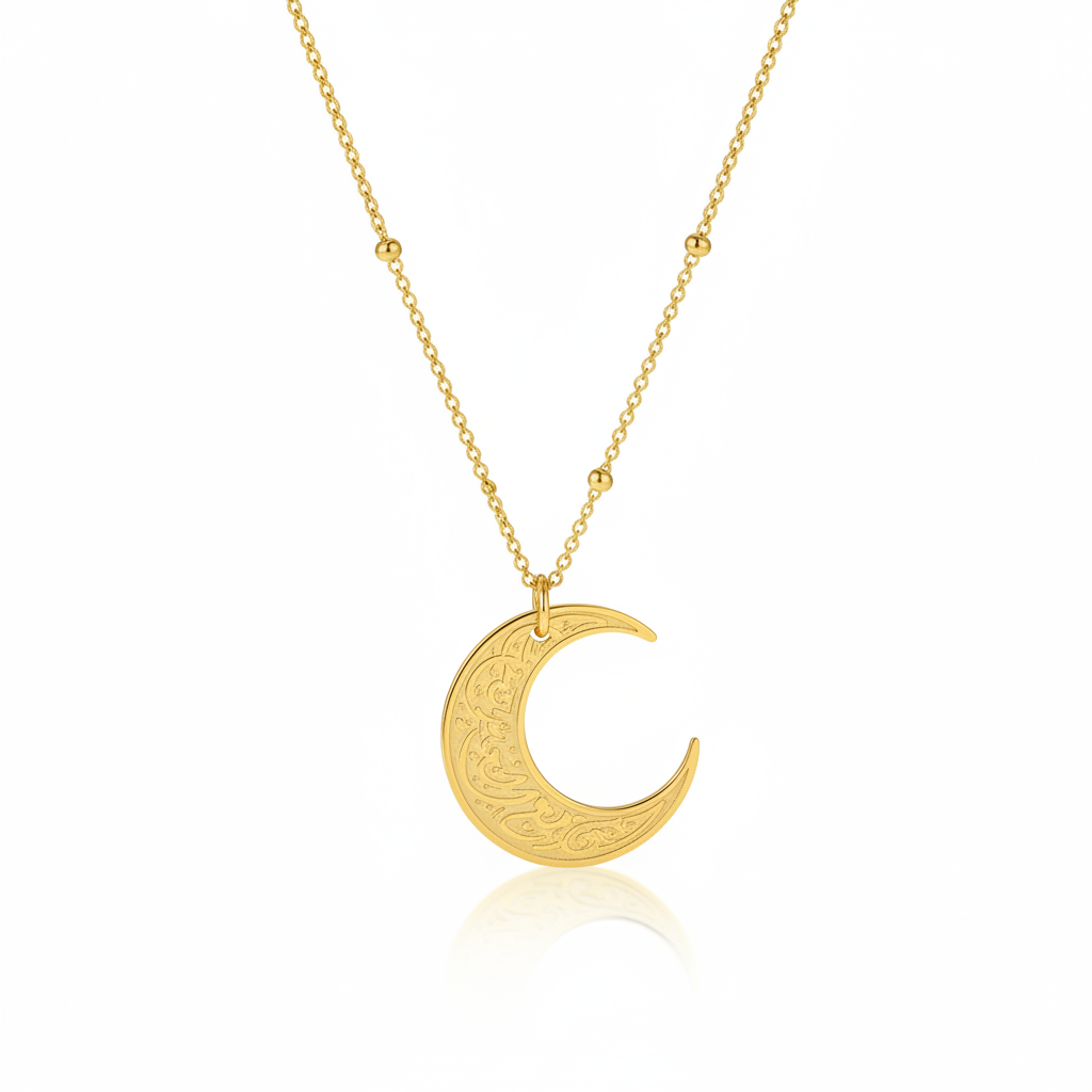 Verily With Hardship Comes Ease Crescent Moon Necklace in gold — Islamic faith jewelry by Zoha Los Angeles