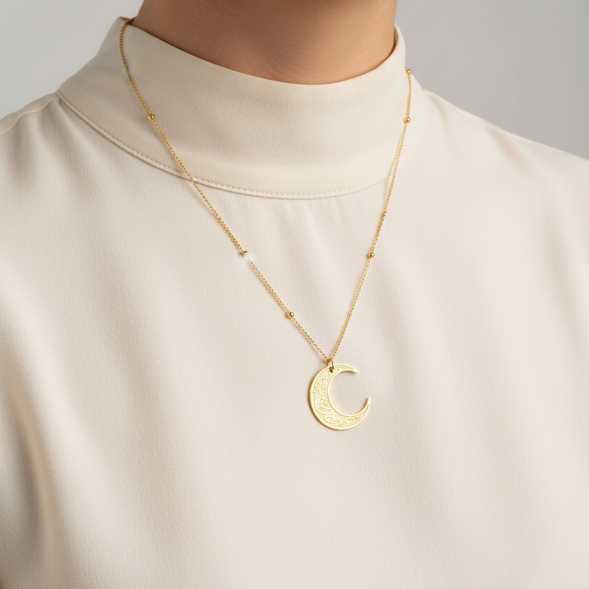 Verily With Hardship Comes Ease Crescent Moon Necklace in gold — Islamic faith jewelry by Zoha Los Angeles