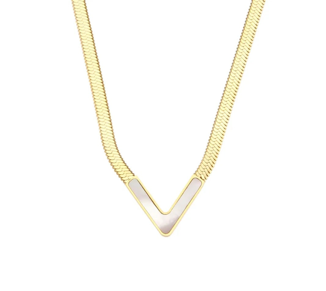 YAMNA V-Shape Chain Necklace in WHITE- 18K gold plated stainless steel by Zoha Los Angeles