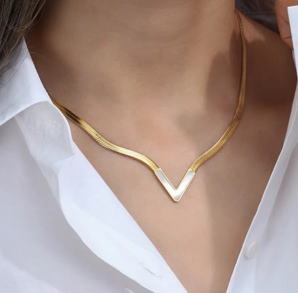 YAMNA V-Shape Chain Necklace in WHITE- 18K gold plated stainless steel by Zoha Los Angeles