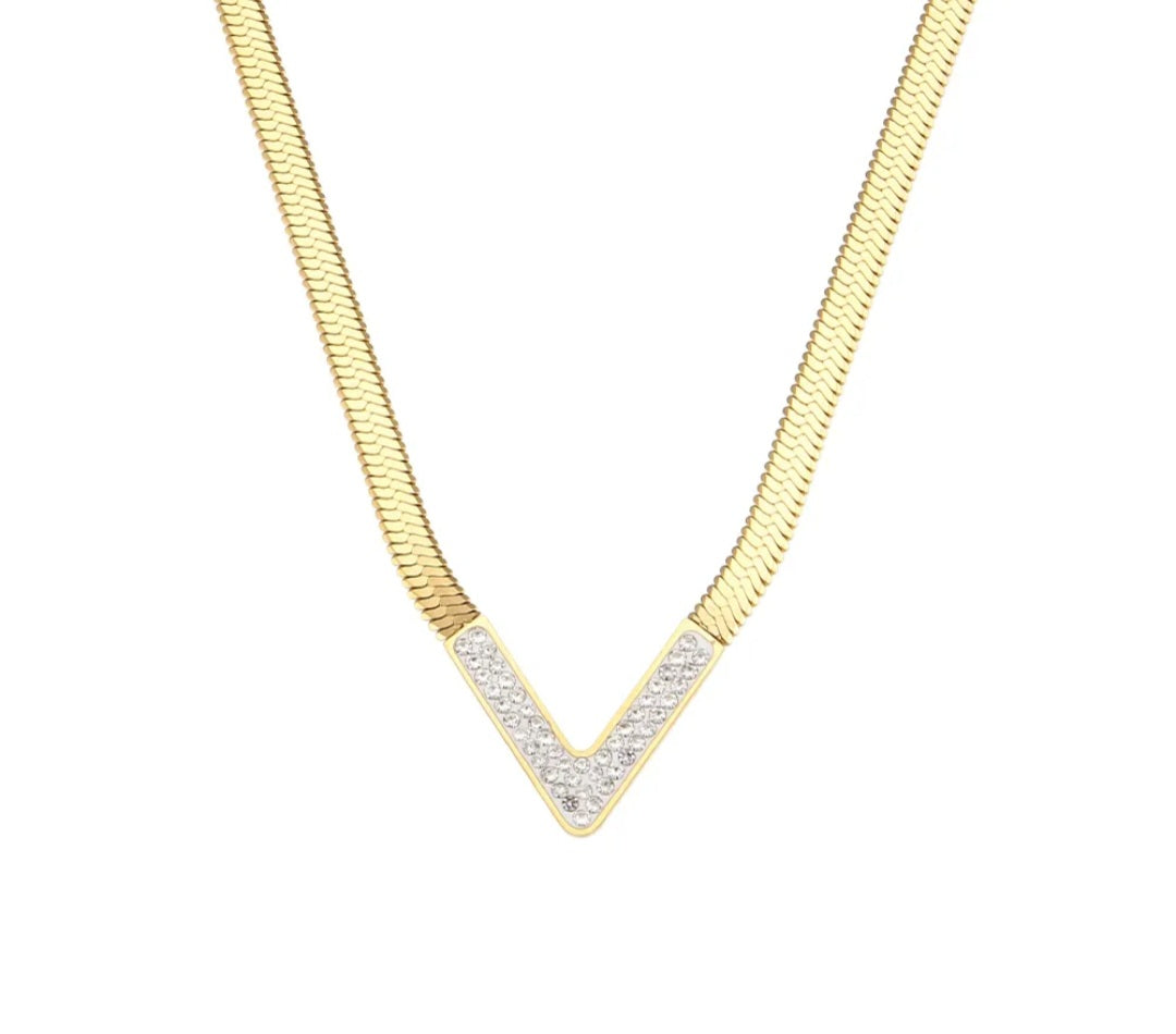 YAMNA V-Shape Chain Necklace in WHITE SPARKLE- 18K gold plated stainless steel by Zoha Los Angeles