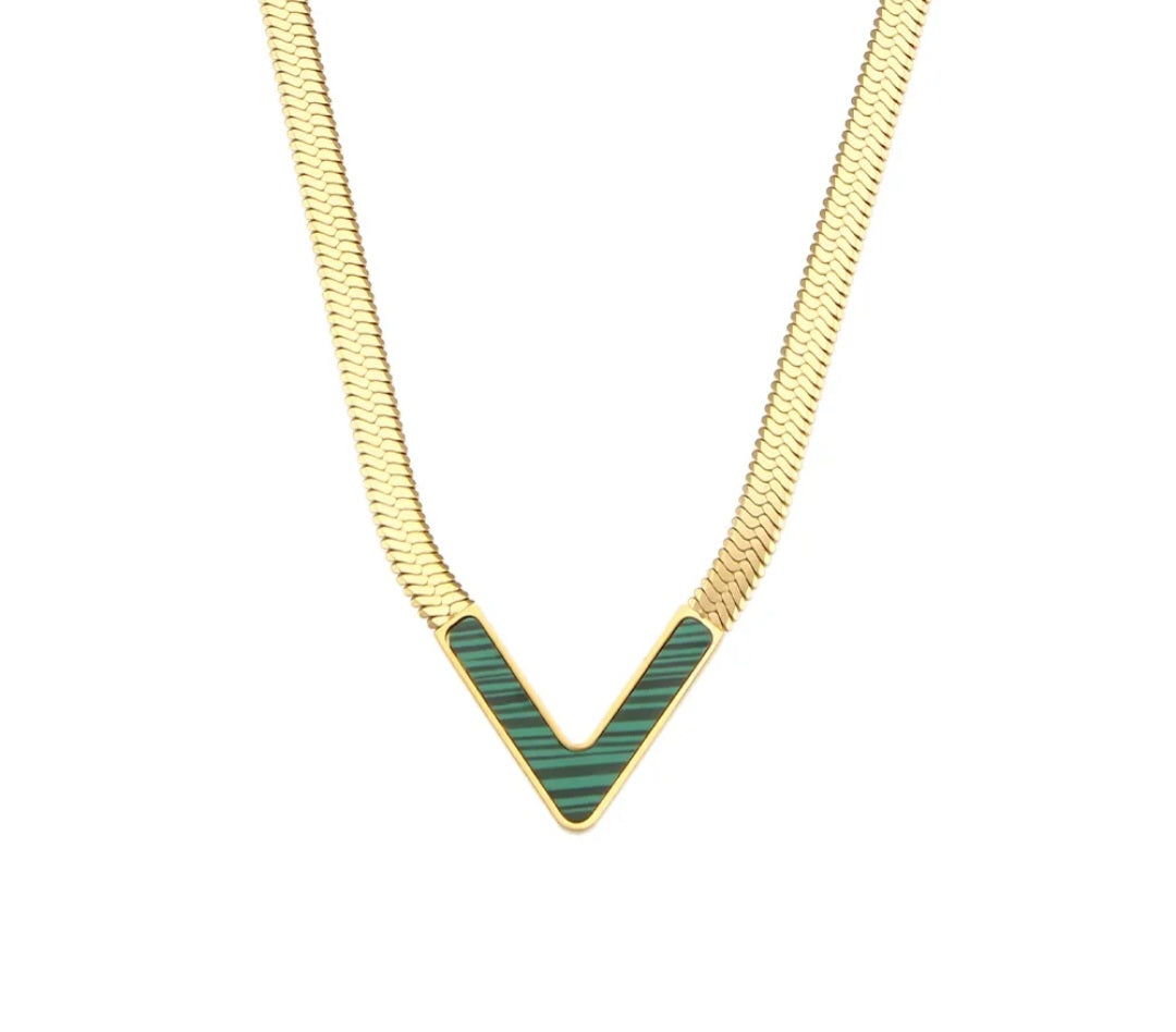 YAMNA V-Shape Chain Necklace in GREEN- 18K gold plated stainless steel by Zoha Los Angeles