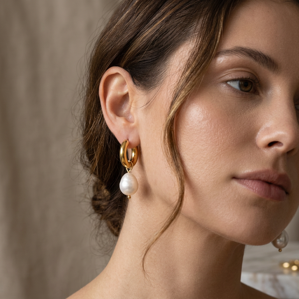 Chunky Pearl Hoop Earrings model